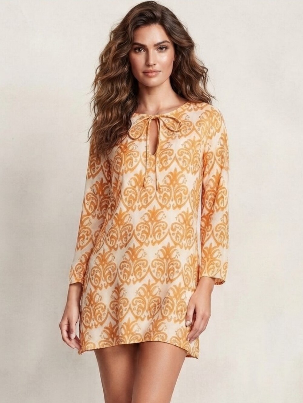 Women's Orange And Cream Tunic Patterned Beach Summer Coverup Mini Dress Small